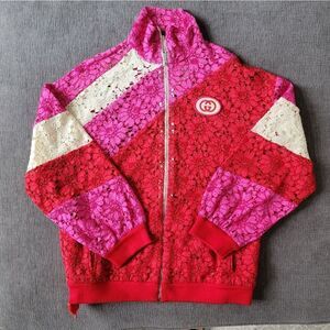 GUCCI Women Colorblock Pattern Lace Interlocking GG Patch Track Jacket Size XXS